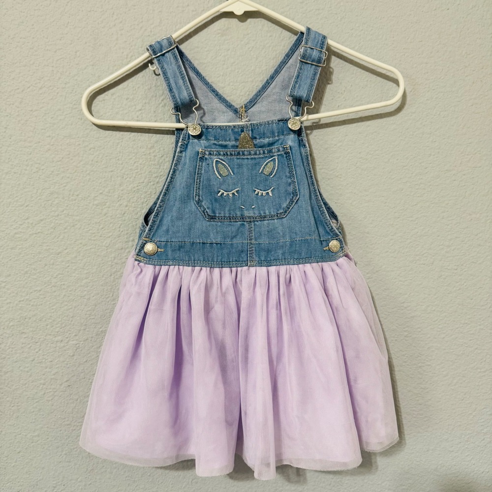 OshKosh Bgosh Girls 4T Unicorn Denim Overall Dress Lavender Tulle Birthday